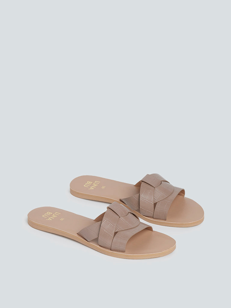 Luna Blu Taupe Croc-Textured Slides